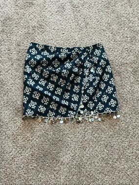 Zara Black Floral Mini Skirt with Silver Coin Fringe